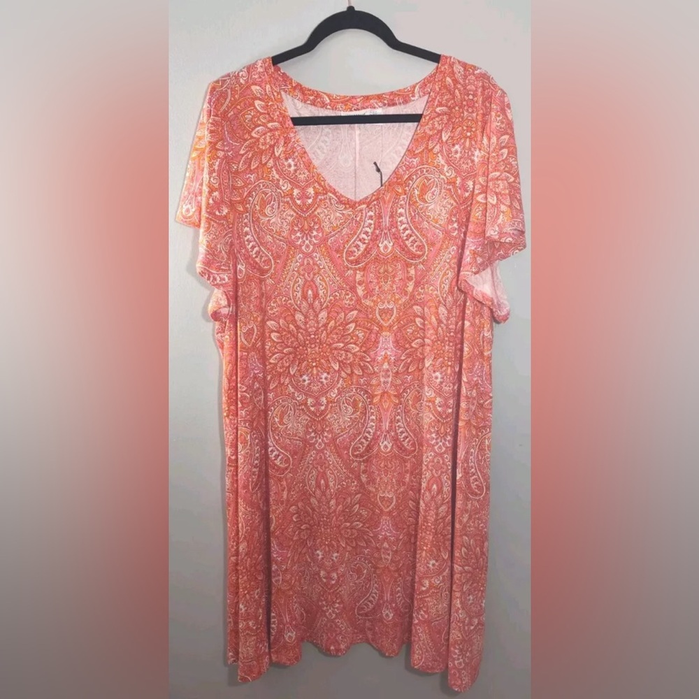 Lucky Brand Women Shrit Dress Plus Size 3X Orange Paisley Short Sleeve